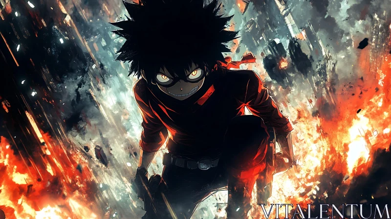 Fierce anime hero steps from swirling fire and smoke with grit