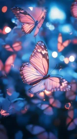 Pink butterflies in blue bokeh environment at close range.
