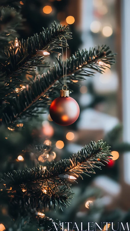 Shallow depth-of-field view isolates red ornament on lit tree
