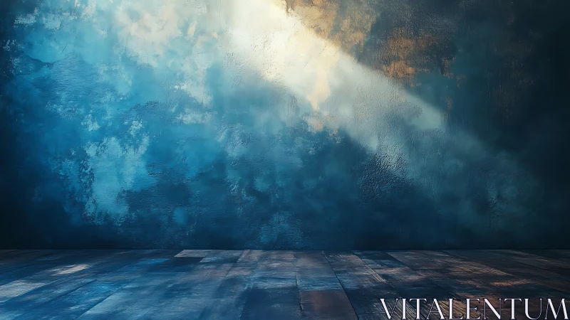 Directional skylight across textured teal wall and planked floor