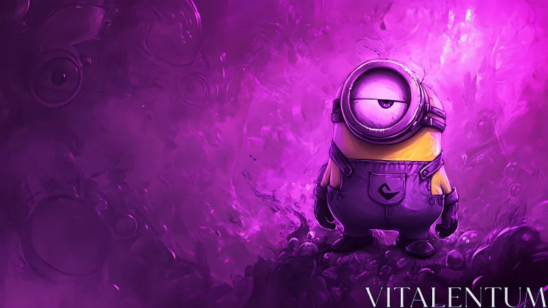 One-eyed cartoon creature in vivid purple scene.