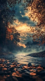 River flows through misty autumn forest at dramatic sunset.