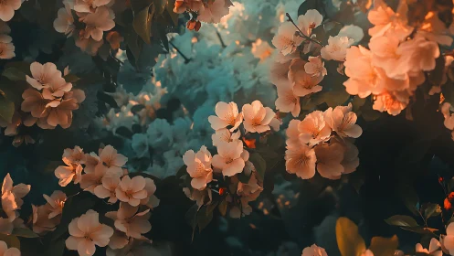 Peach Blossoms Under Teal Mist with Ladybugs