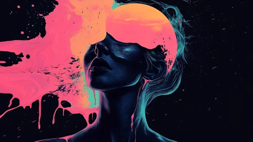 Surreal neon portrait merges human figure with glowing sun