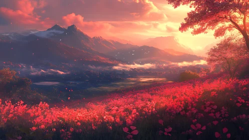 Crimson valley glows under radiant sunset mountain sky.