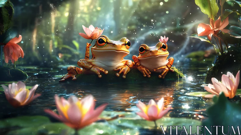 Bioluminescent lily-pond tableau with anthropic tree frogs.