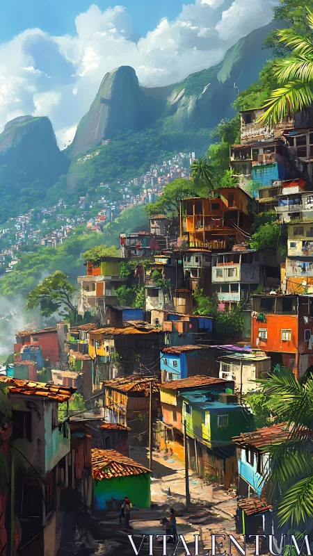 Vibrant hillside favela under lush tropical mountainscape.