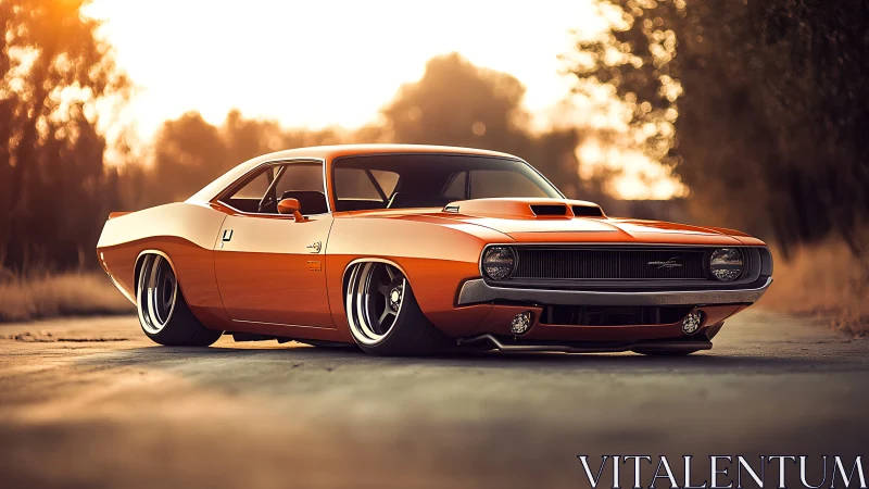 Orange classic muscle car rendered in warm sunset light.