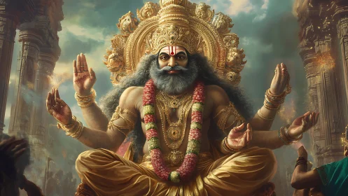 Majestic multi-armed deity seated before ornate temples.
