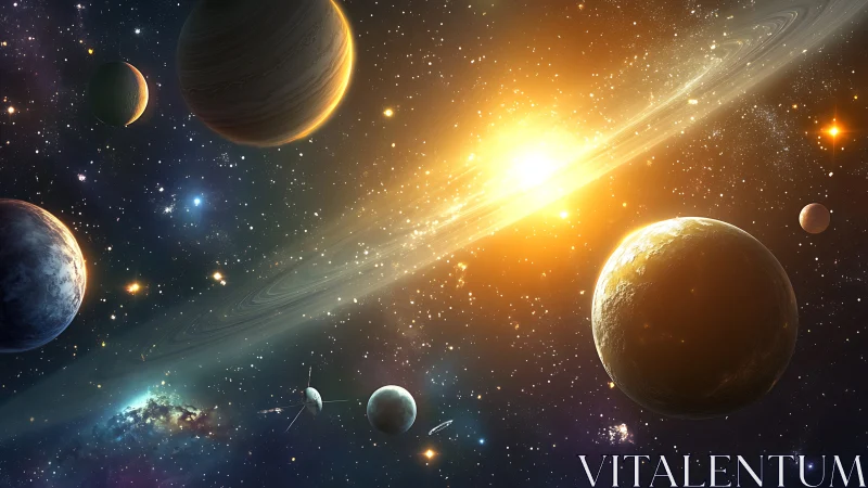 Radiant alien star system glows with planets and rings.