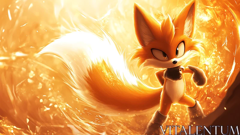 Anthropomorphic fox hero in dynamic golden particle vortex