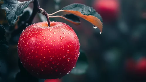 Red apple with water droplets hanging on tree branch outdoors.