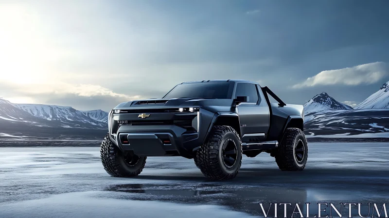 Futuristic off-road pickup dominates icy mountain landscape.