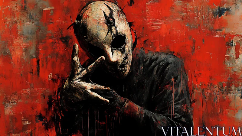 Grotesque masked figure on distressed crimson abstract field.