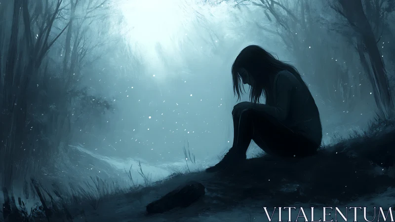 Solitary figure in misty winter forest clearing at dusk