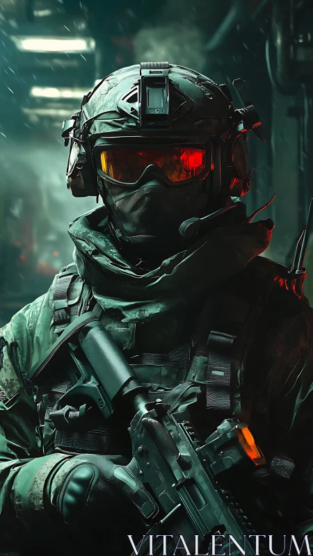 Cyber-tactical soldier portrait renders spec-ops armor in neon haze