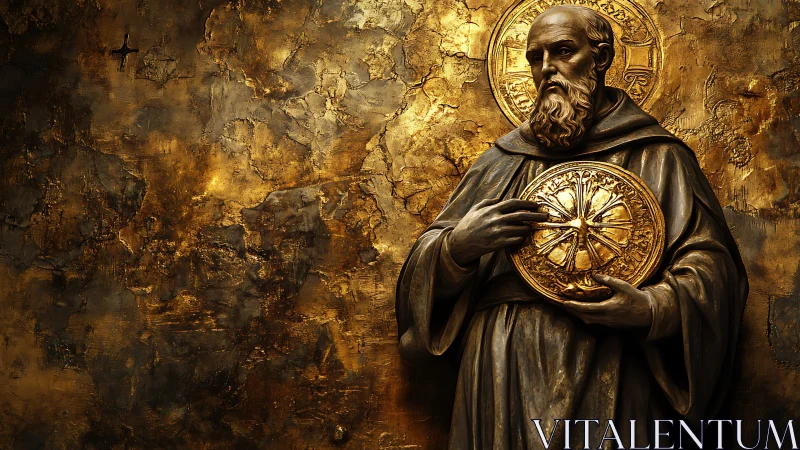 Golden monk relief holds sacred emblem in dramatic light