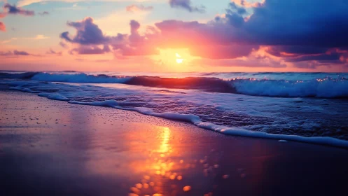 Sunset colors reflect across wet shoreline and gentle surf