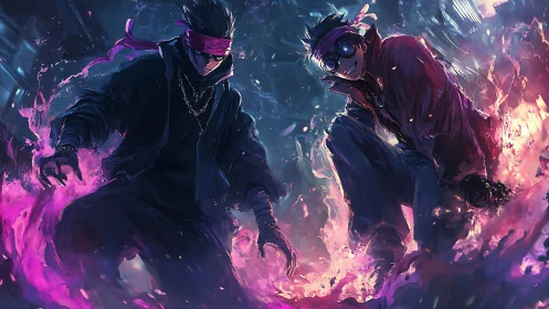 Streetlit sorcerers wrapped in neon fire and midnight swagger.