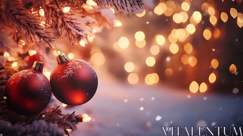 Snow-dusted red baubles on shallow-focus illuminated tree
