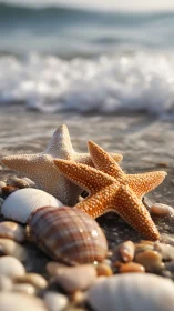 Sunlit starfish resting softly among peaceful seashells.