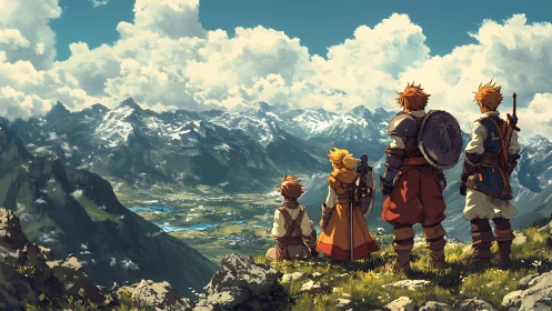 Adventurer quartet greeting a sunlit, story-rich valley.