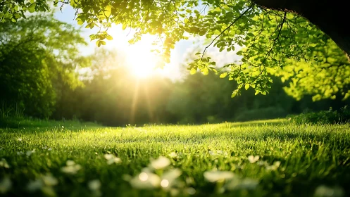 Sunlit meadow glows beneath lush spring green canopy.