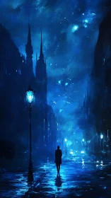 Midnight stroll through a dreamy blue city street.