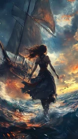 Stormlit heroine strides through waves toward a burning ship
