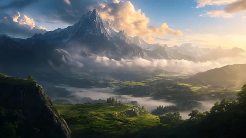 Sunlit mountain range over misty green valley at dawn.