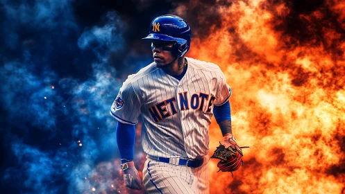 Digital baseball hero amid split fire and smoke backdrop.