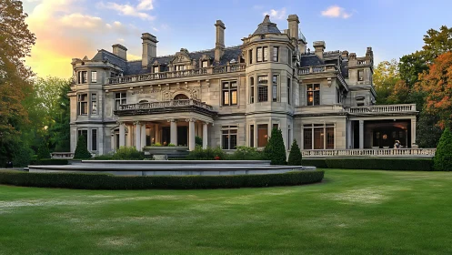 Stone manor house with formal lawn and landscaped grounds.