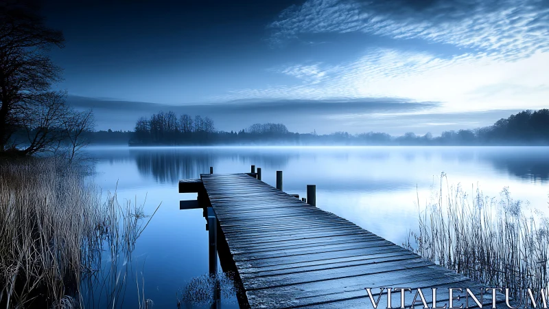 Wooden pier extends into calm blue misty lakeside scene
