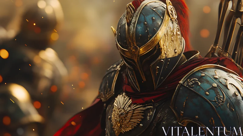 Armored warrior stands in detailed ornate plate armor