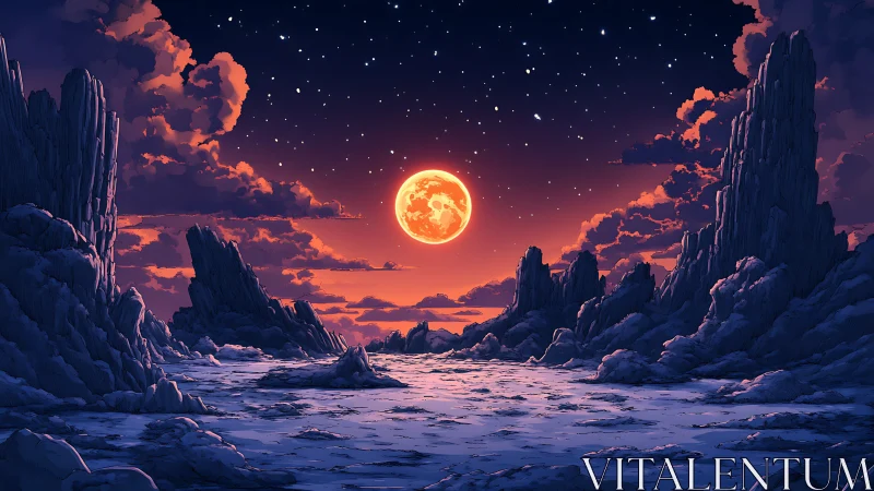 Lunar-illuminated alien basin under stratified stellar sky.