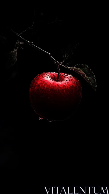 Red apple hangs from branch in stark low key lighting