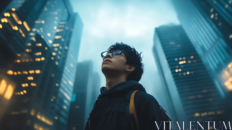 Backlit urban portrait isolates subject amid fog-softened skyscrapers