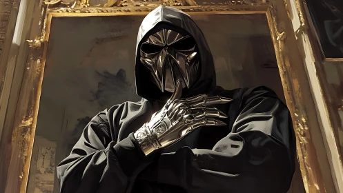 Digital painting of masked cybernetic figure in baroque frame.