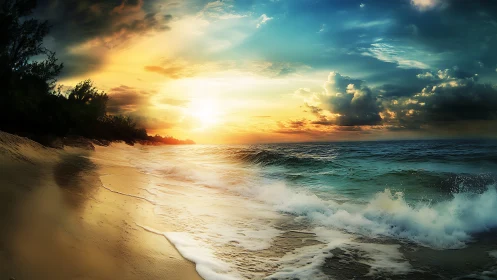 Digital seascape sunset with dynamic surf and luminous horizon.