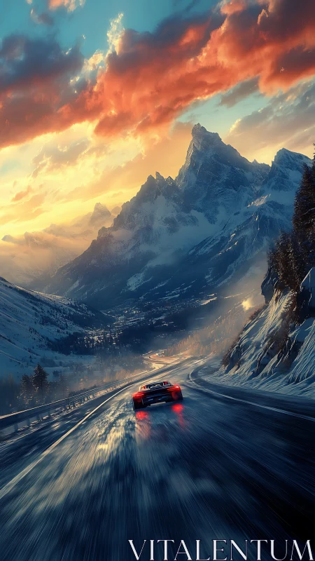 Sunlit alpine highway with speeding red supercar at dusk.