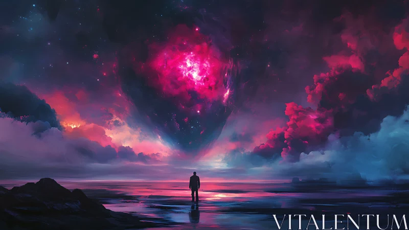 Silhouette stands beneath luminous nebula sky over water