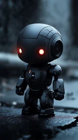 Tiny midnight robot exploring a quiet neon-blue alley.