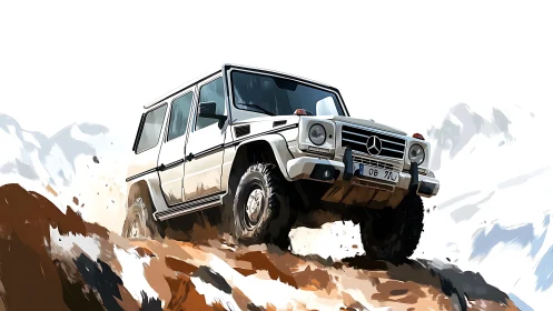Mercedes off road SUV climbing rocky slope in stylized digital art
