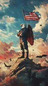 Heroic eagle guardian proudly holding the American flag.
