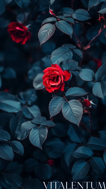 Red Roses with Blue Foliage in Dramatic Twilight.