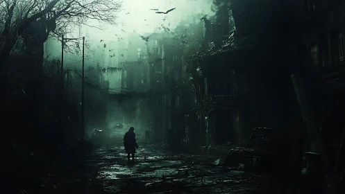 Midnight wanderer crossing a rain soaked abandoned street.