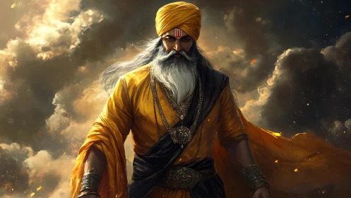 Stormlit warrior sage in flowing golden robes stands firm.
