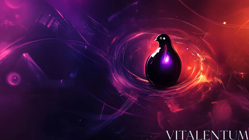 Cosmic neon penguin sculpture within swirling light vortex.