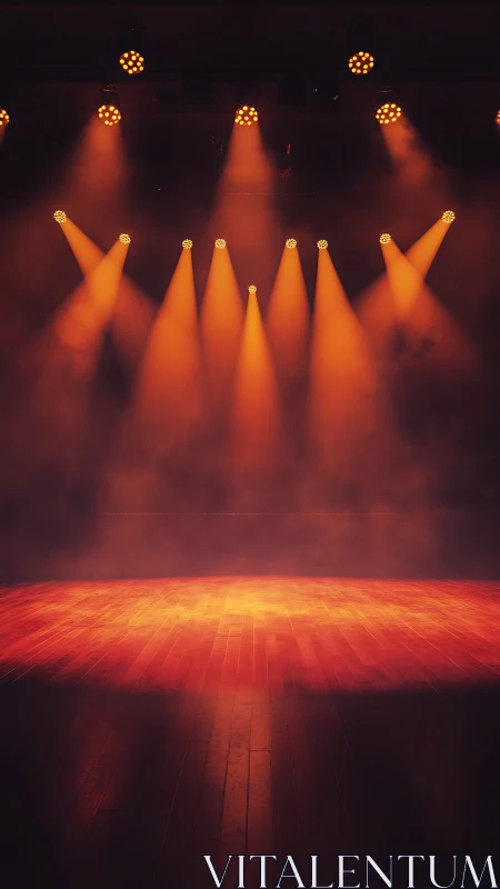 Warm spotlight glow on an empty wooden stage at night.