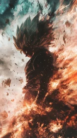 Explosive anime warrior in fiery ascension stormscape.
